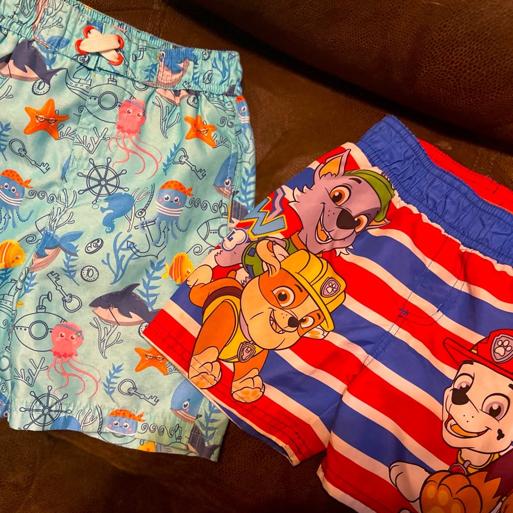 BOYS SIZE 2T bottoms ; 2 swimming trunks; bundle of shorts & one sweat pant
